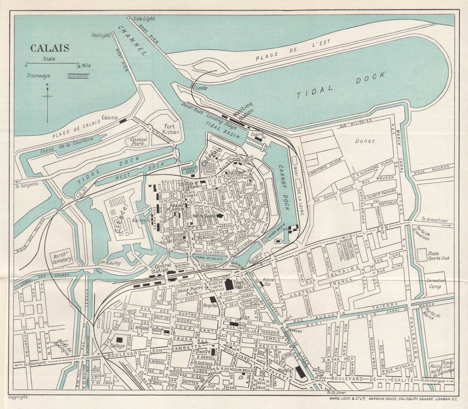 CALAIS vintage tourist town city plan. Pas-de-Calais. WARD LOCK 1928 old map